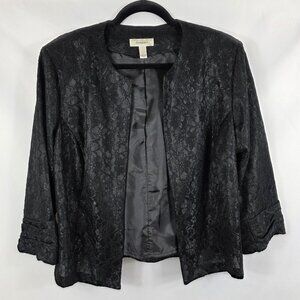 Dressbarn Black Floral Lace Jacket Women's Size Large Open Front 3/4 Sleeves